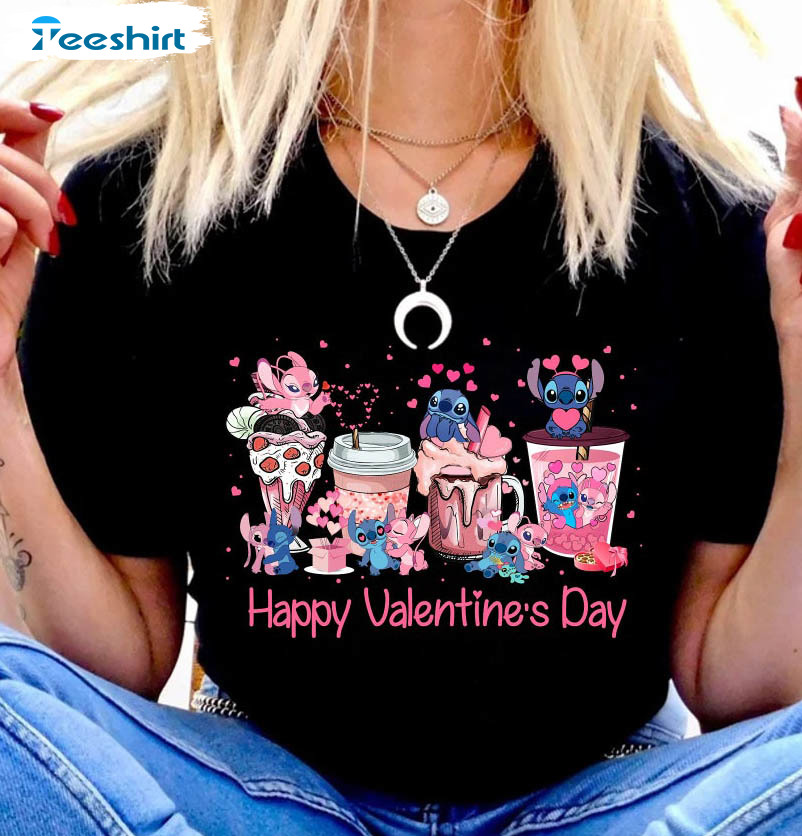 Happy Valentine's Day Shirt, Lilo And Stitch Unisex Hoodie Long Sleeve
