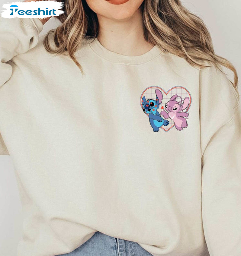 Stitch And Angel Pocket Sweatshirt, Disney Couple Unisex Hoodie Long Sleeve