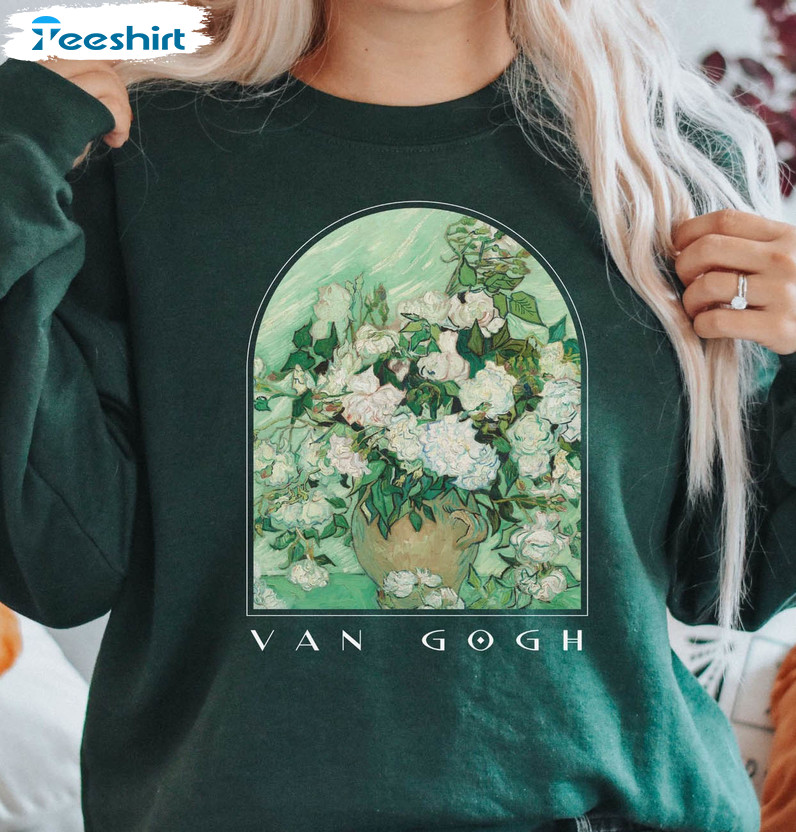 Vintage Van Gogh Shirt, Flower Vase Painting Short Sleeve Tee Tops