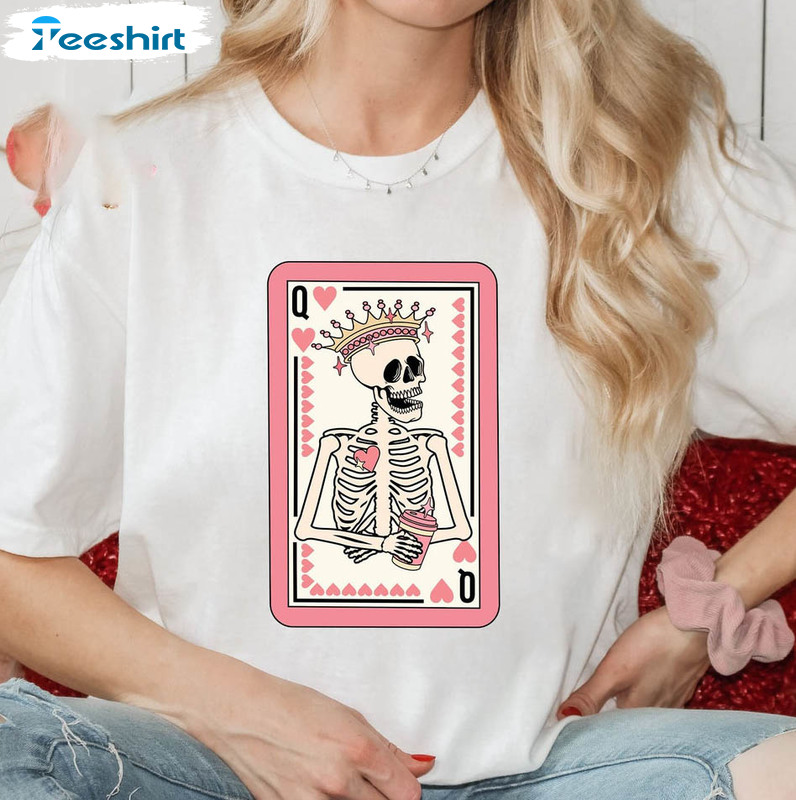 Queen Of Hearts Valentine Shirt, Couple Skeleton Short Sleeve Crewneck