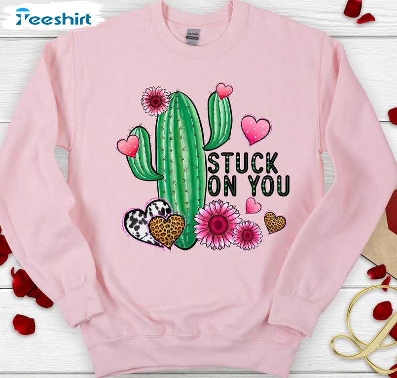 Stuck On You Valentine Shirt, Cute Cactus Western Valentines Long Sleeve Unisex T-shirt