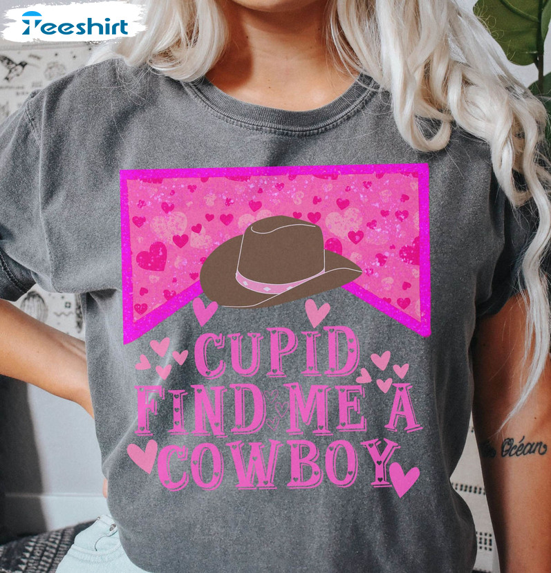 : Cupid Find Me A Cowboy Sweatshirt, Retro Valentine Short Sleeve Sweater
