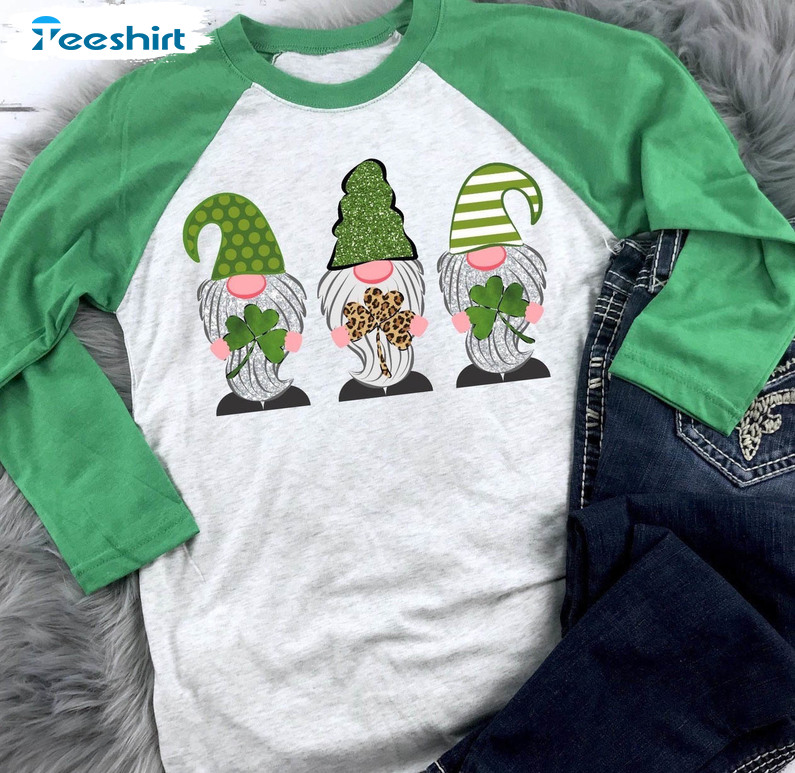 St Patricks Day Gnome Shirt, Gnome Glitter Raglan Leopard Long Sleeve Unisex T-shirt