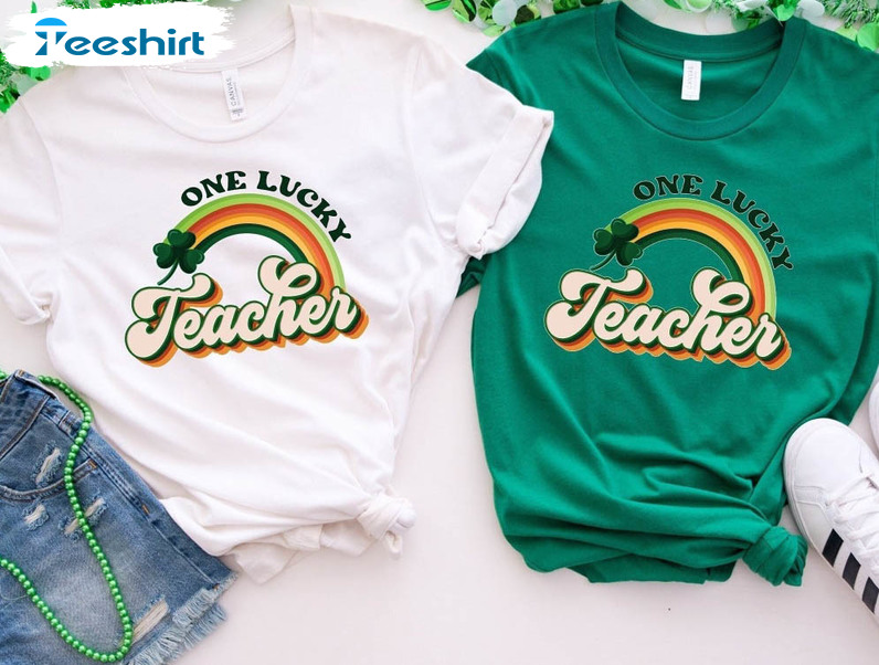 Retro One Lucky Teacher Shirt, Rainbow Funny Unisex Hoodie Long Sleeve