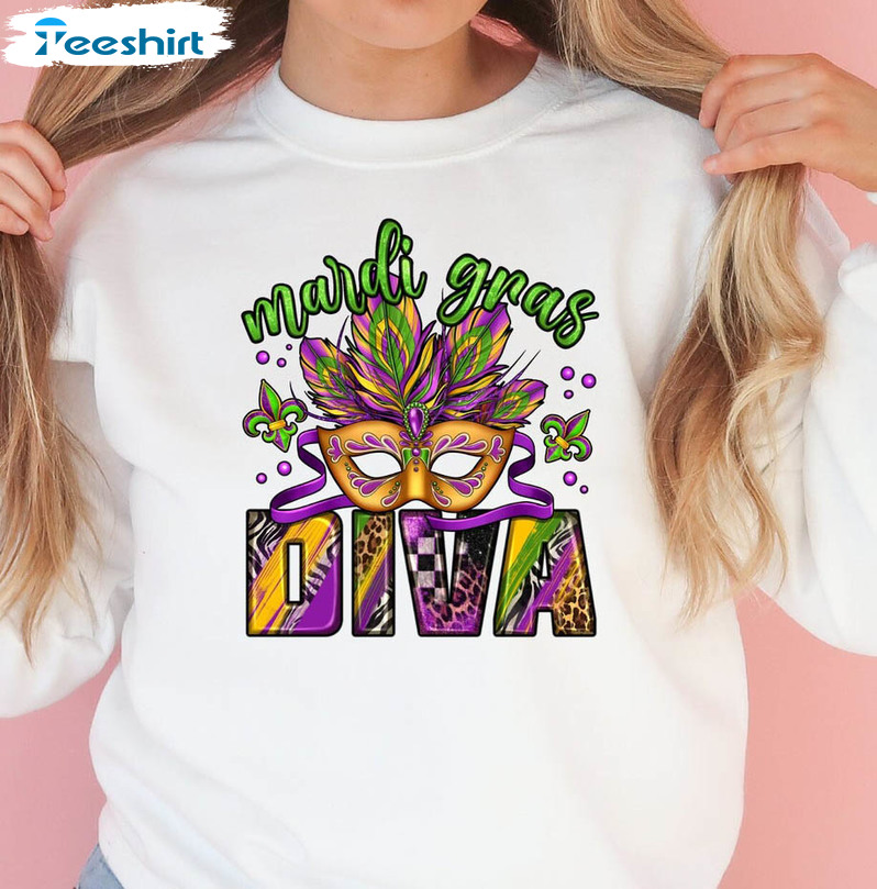 Mardi Gras Diva Sweatshirt, Trending Tee Tops Short Sleeve