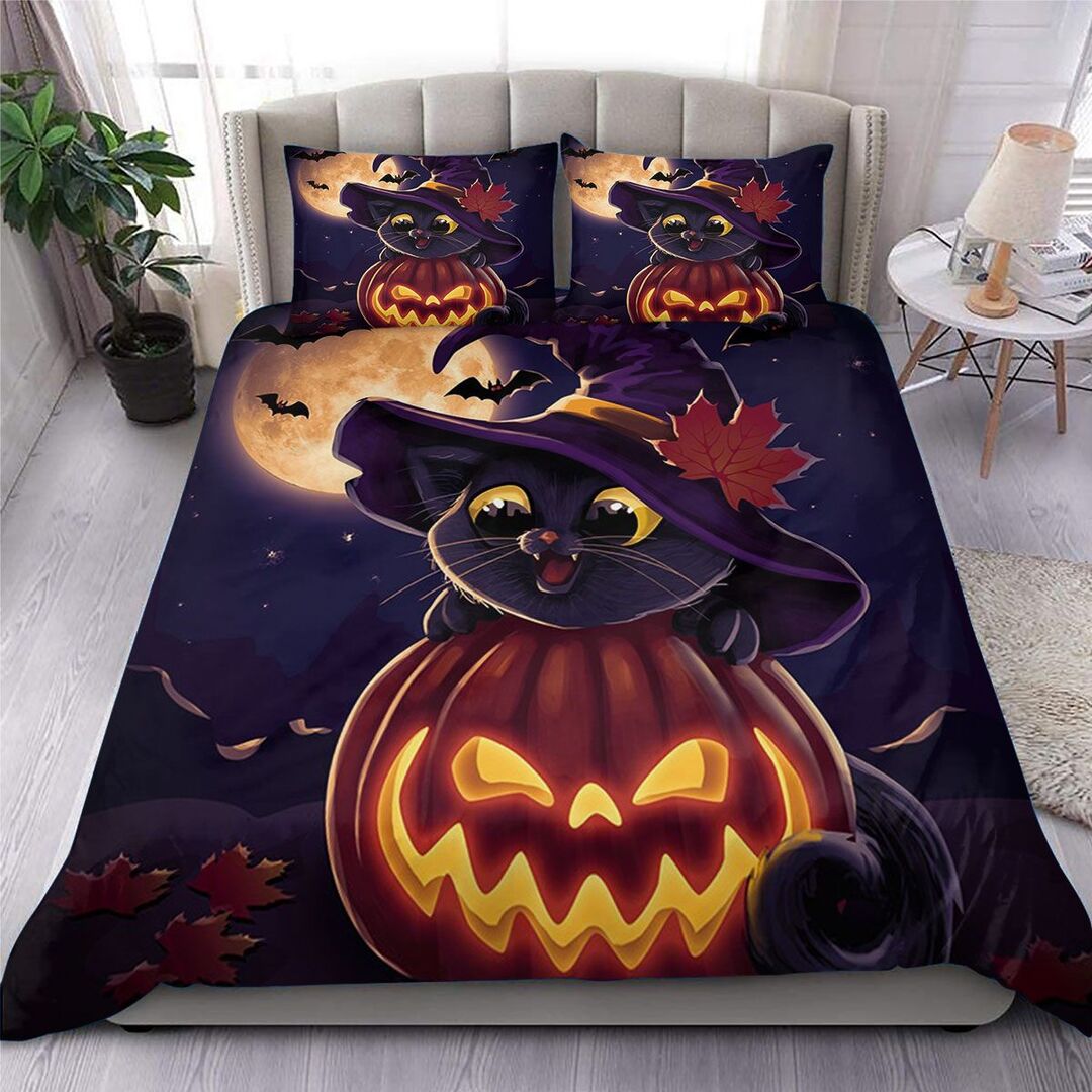Cute Black Cat Quilt Bedding Set - Pumpkin And Moon Quilt Bed Set Full Size With 2 Pillowcases.