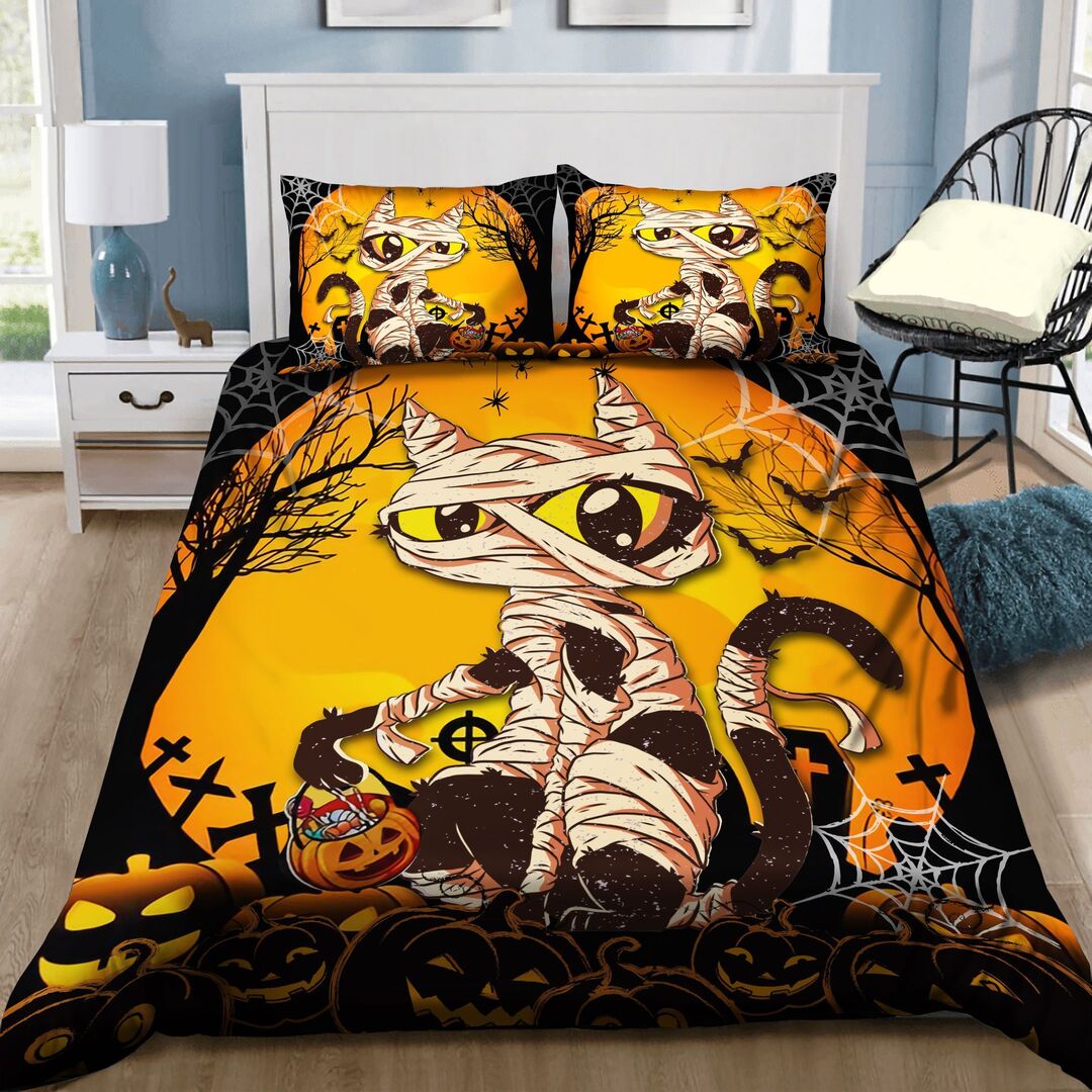 Mummy Black Cat Halloween Quilt Bedding Set - Pumpkin And Skull Pattern 3D Printed Quilt Bed Set Comforter