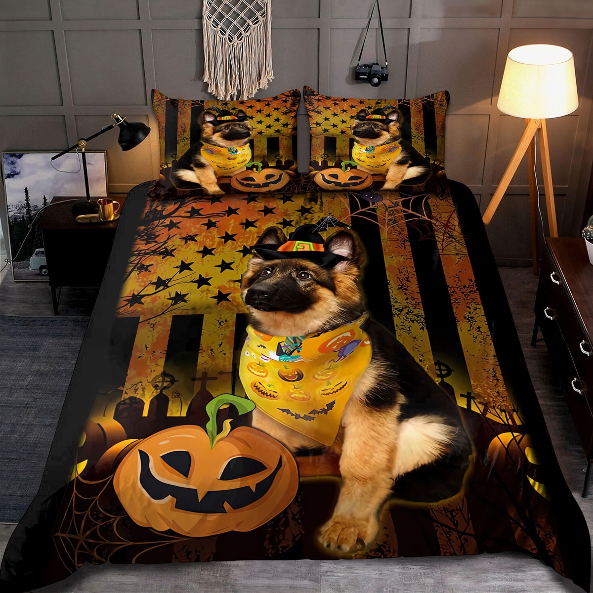 German Shepherd Flag Quilt Bedding Set - Pumpkin Spiderweb Quilt Bed Set Full Size With 2 Pillowcases.