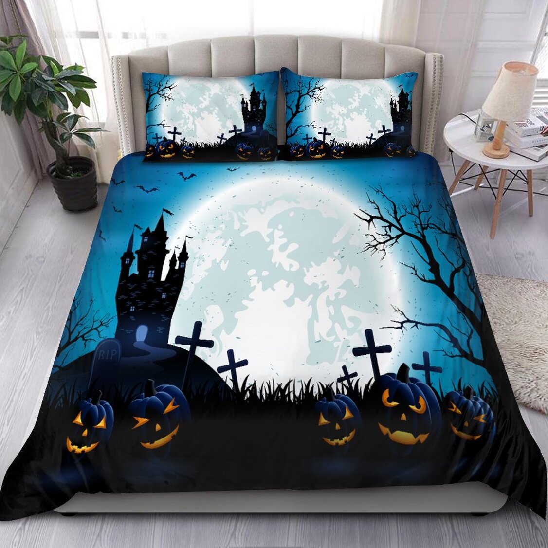 Halloween Night Quilt Bedding Set - Castle And Pumpkin Quilt Bedroom Decor With 2 Pillowcases