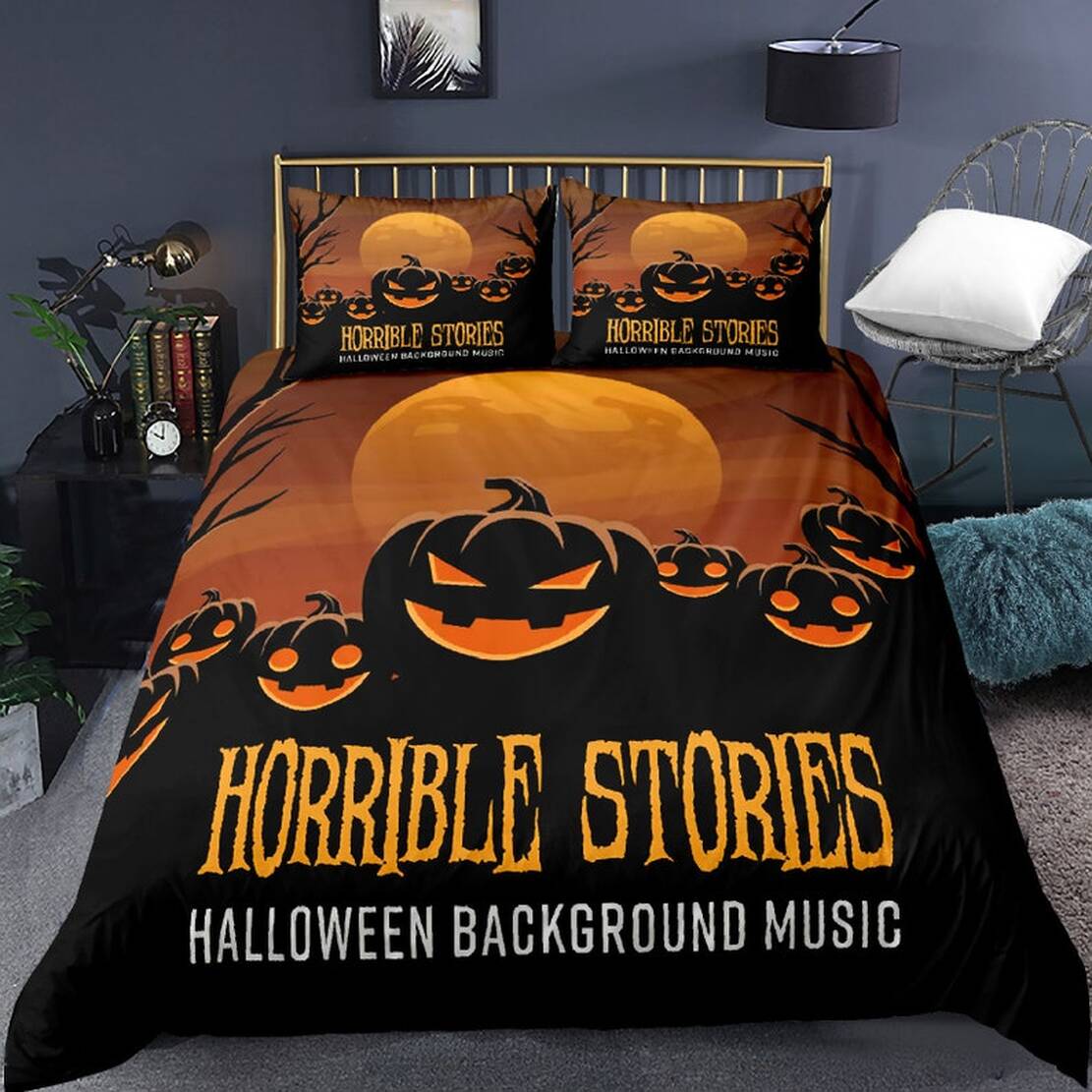 Pumpkin Bats Haunted Quilt Bedding Set - Happy Halloween Comforter Set Twin Queen King Size