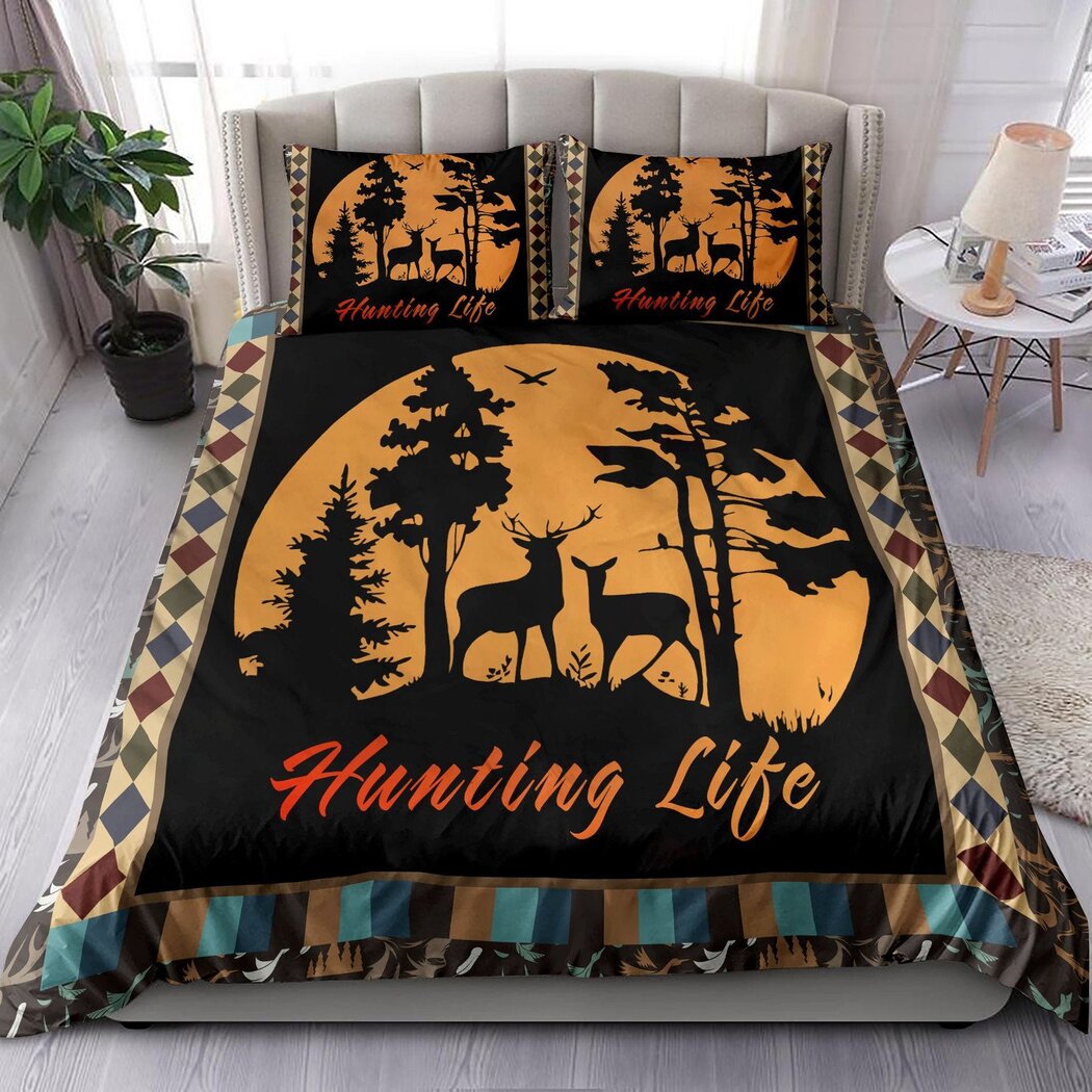 Couple Deer Hunting Black And Yellow Quilt Bedding Set - Deer Quilt Bed Set Comforter Home Room Decoration