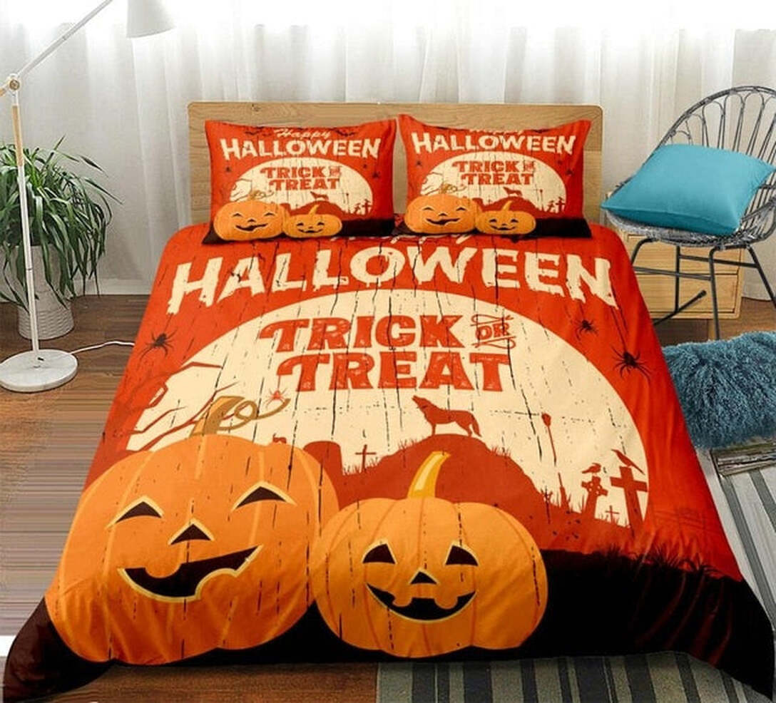 Pumpkin Trick Or Treat Quilt Bedding Set - Happy Halloween Quilt Bed Set Full Size With 2 Pillowcases