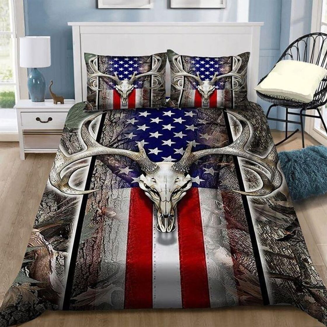 Skull Deer Hunting Flag Pattern Quilt Bedding Set - Deer Hunting Quilt Bed Set Full Size With 2 Pillowcases