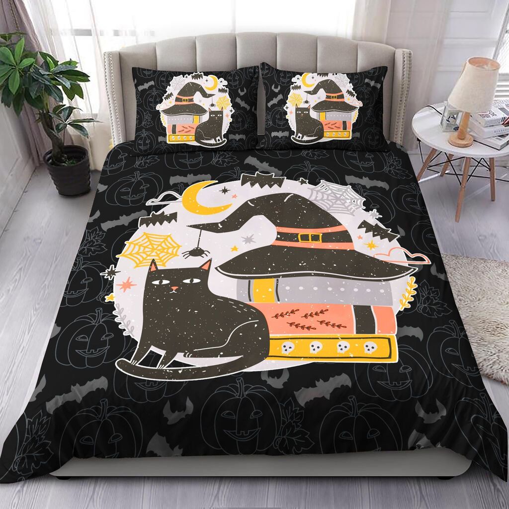 Black Cat And Witch Hat Quilt Bedding Set - Pumpkin Pattern Comforter Luxury Quilt Bed Set Queen Size