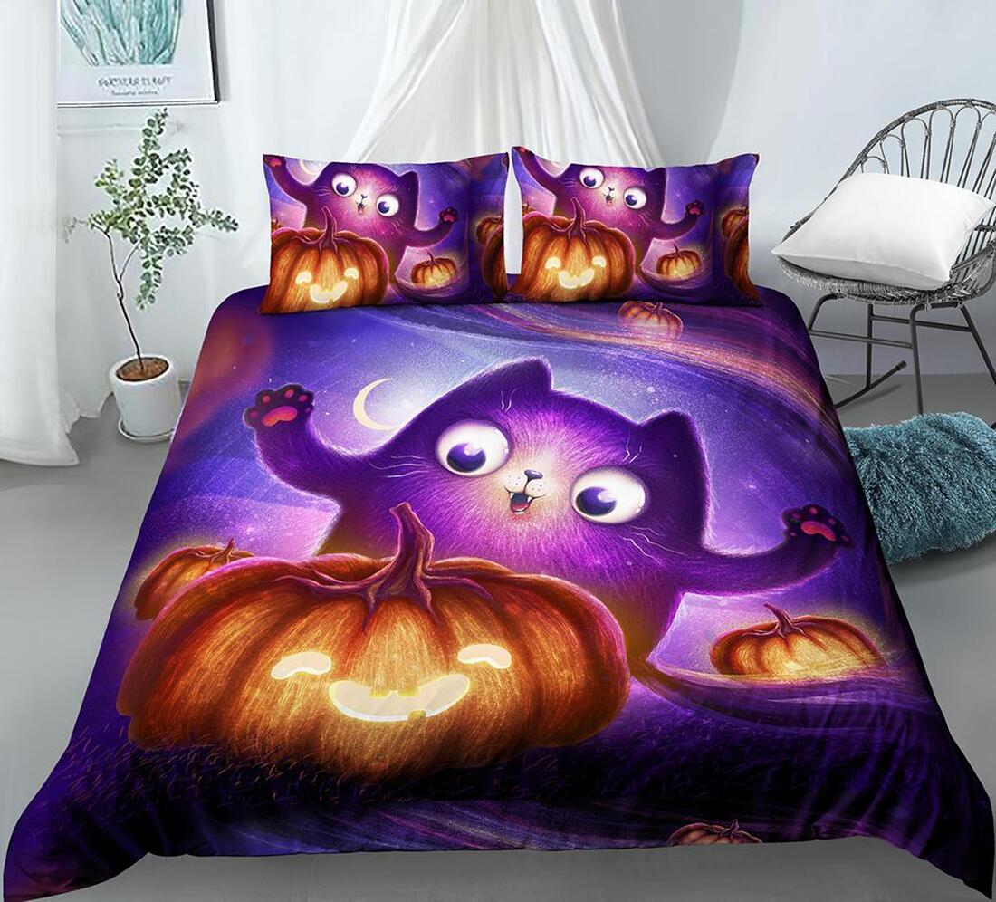 Witch Pumpkin Pattern Quilt Bedding Set - Happy Halloween Quilt Bed Set To Mom Dad Wife Husband Kids Son Daughter