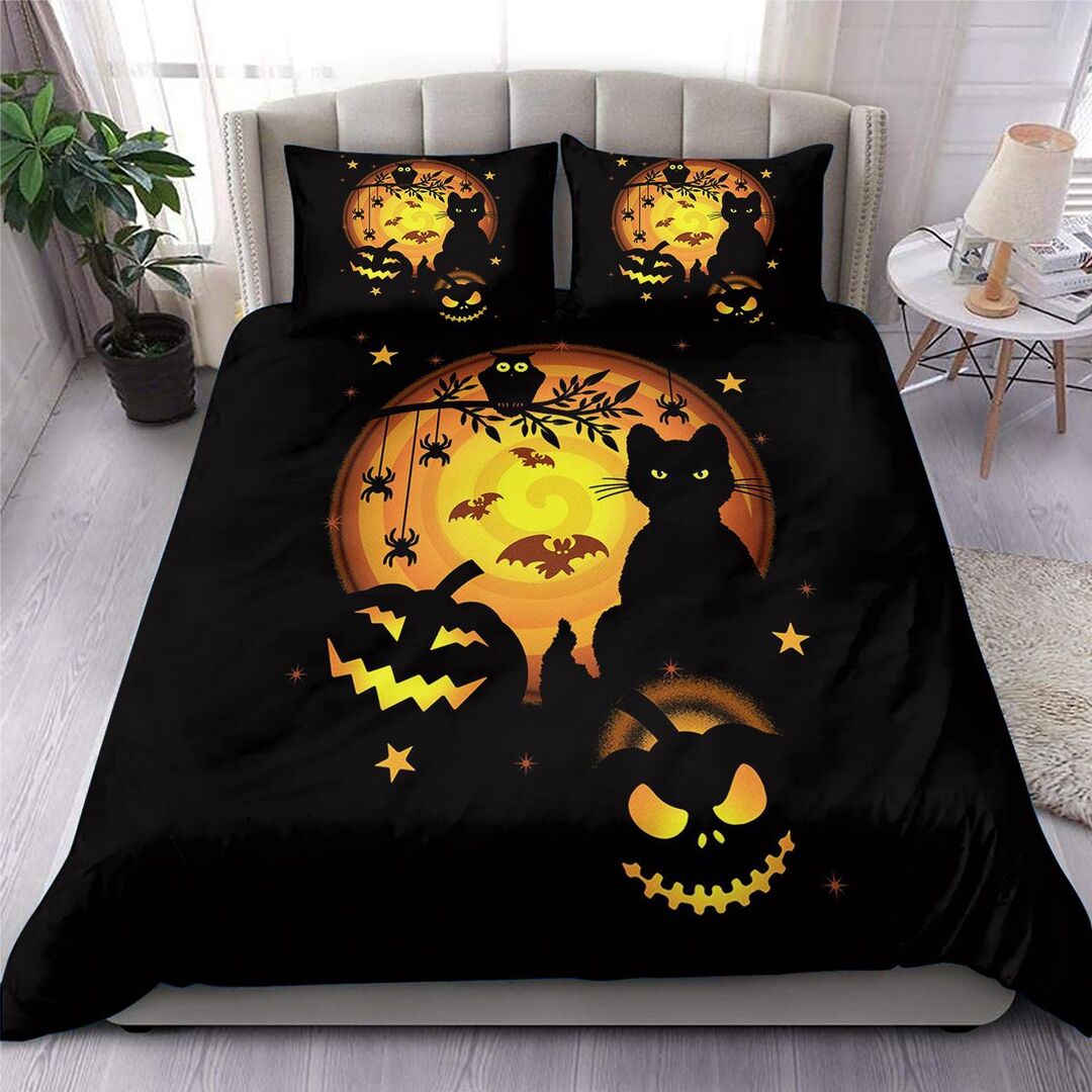 Halloween Cat And Pumpkin Quilt Bedding Set - Black Quilt Bed Set Full Size With 2 Pillowcases