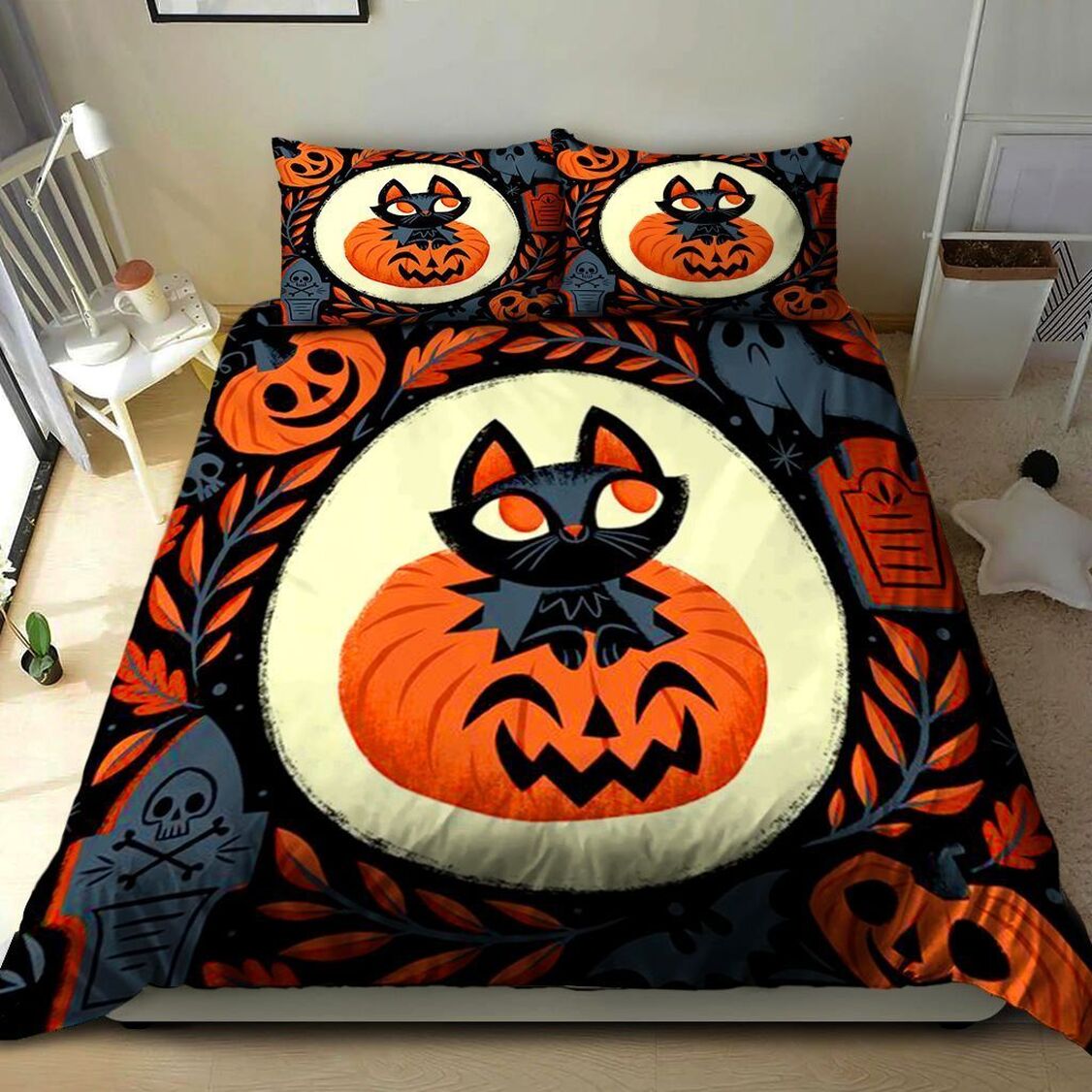 3D Black Cat In The Pumpkin Quilt Bedding Set - Happy Halloween Comforter Luxury Quilt Bed Set Queen Size