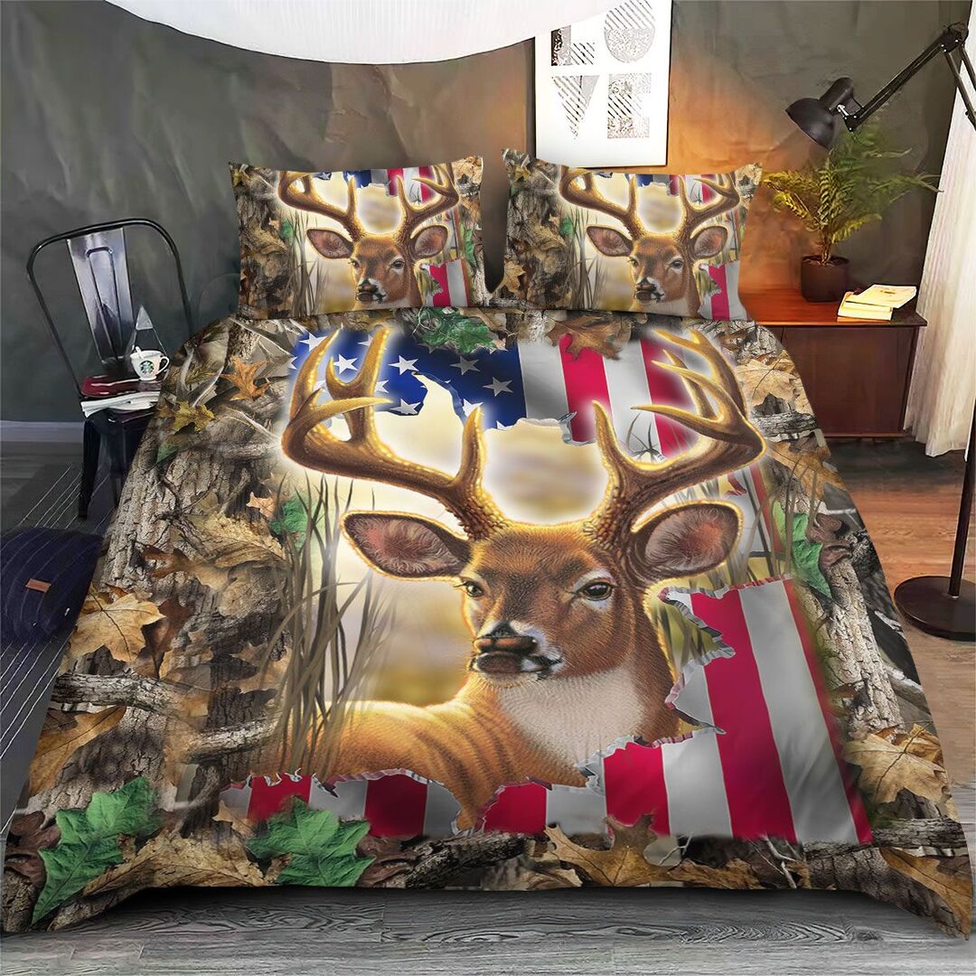 American Flag Deer Hunting Quilt Bedding Set - Deer Comforter Set Twin Queen King Size