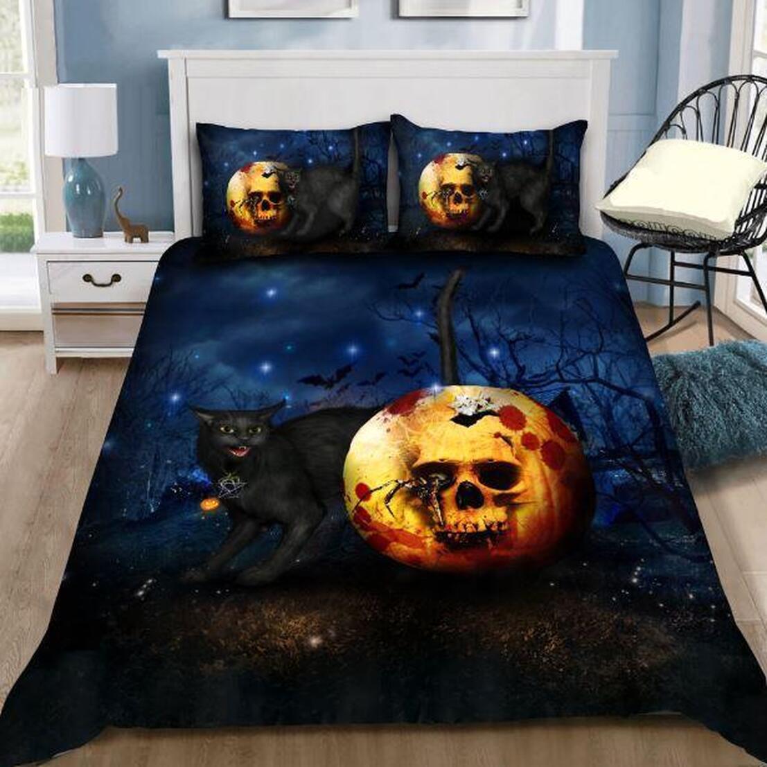 Halloween Skull Black Cat Quilt Bedding Set - Galaxy Design Bedroom Decor King Queen Twin Comforter Set