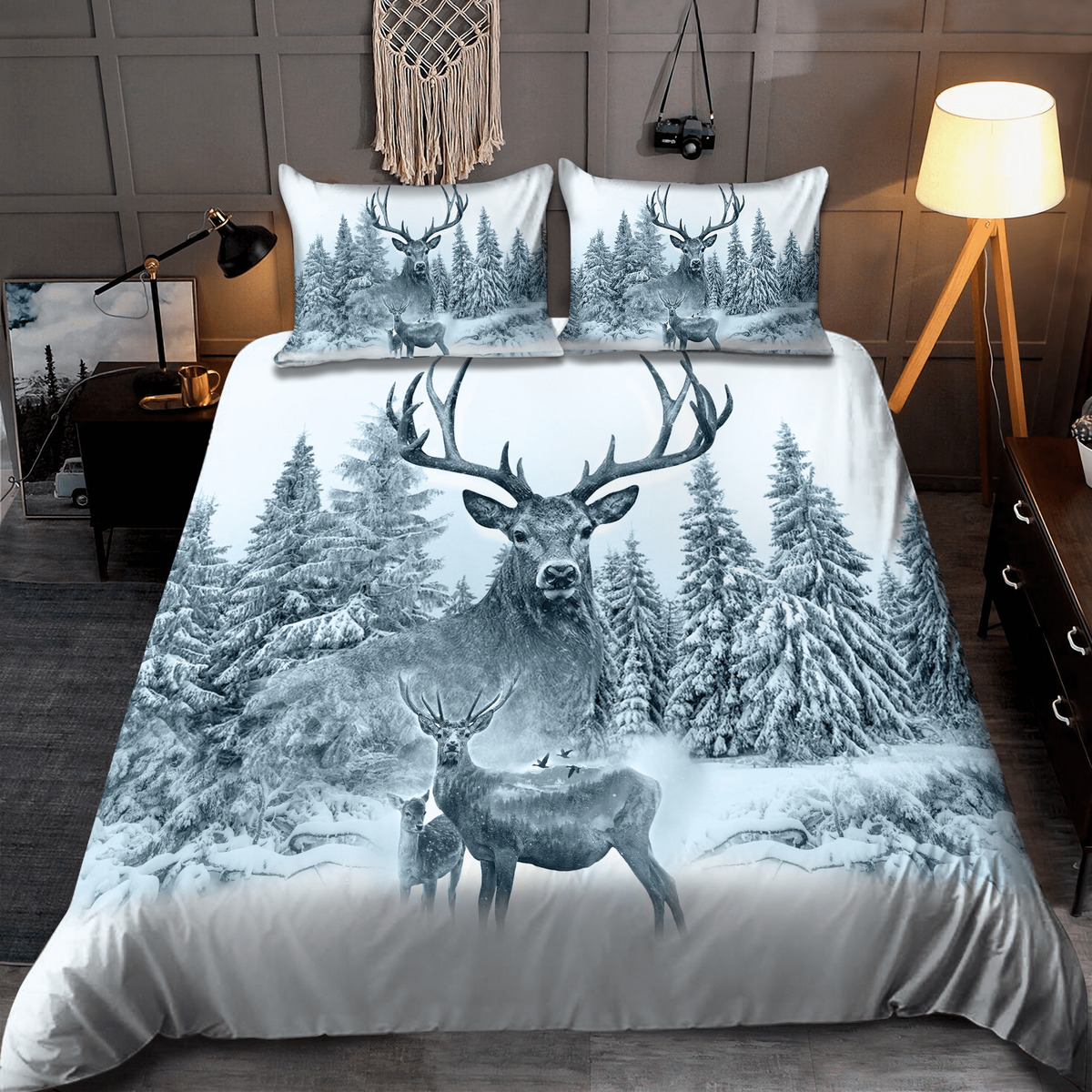 Snow Deer Hunting White Quilt Bedding Set - White Deer In Forest Quilt Bed Set Full Size With 2 Pillowcases.