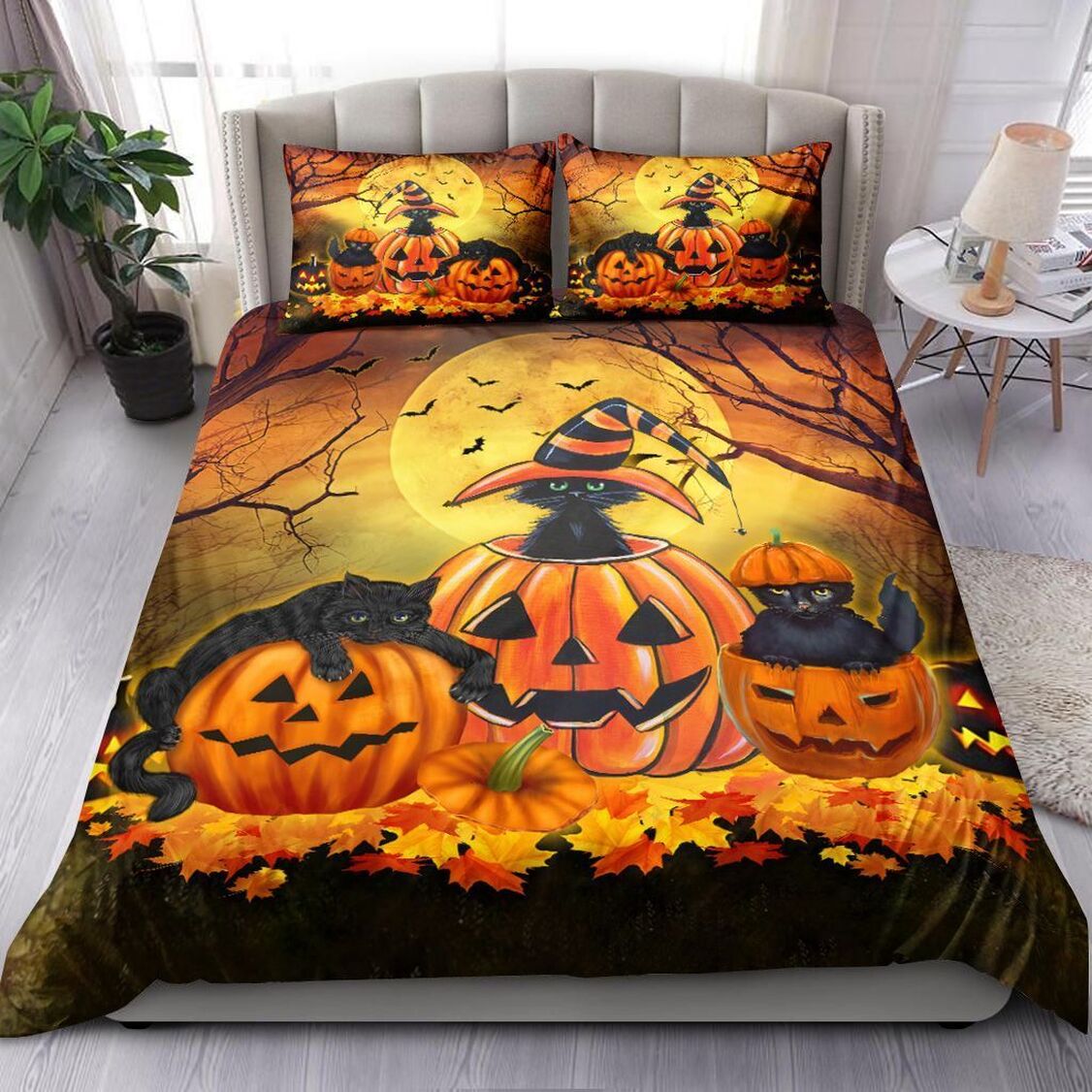 Black Cat And Pumpkin Quilt Bedding Set - Happy Halloween Quilt Bedroom Decor With 2 Pillowcases