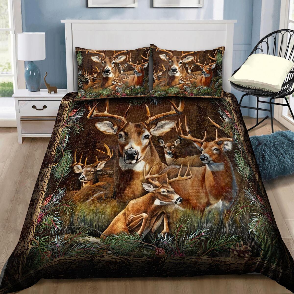 Deer Family In The Forest Quilt Bedding Set - Deer Hunting Camo Quilt Bed Set To Mom Dad Wife Husband Kids Son Daughter