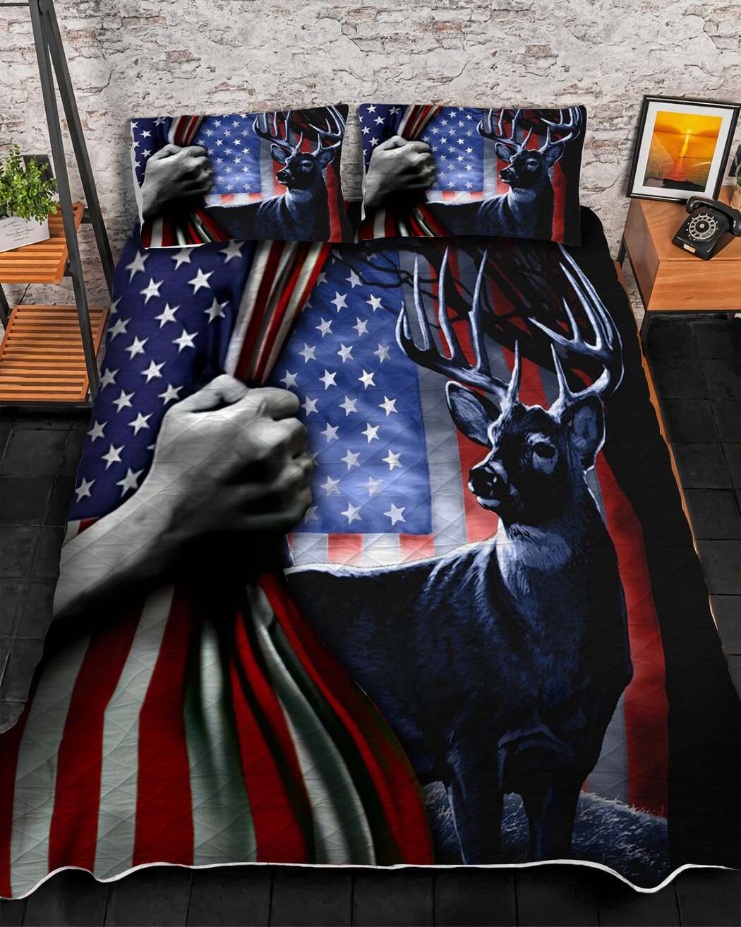 Beautiful Deer Hunting Blue Bedding Set - American Flag Quilt Bed Set Rustic Home Decor