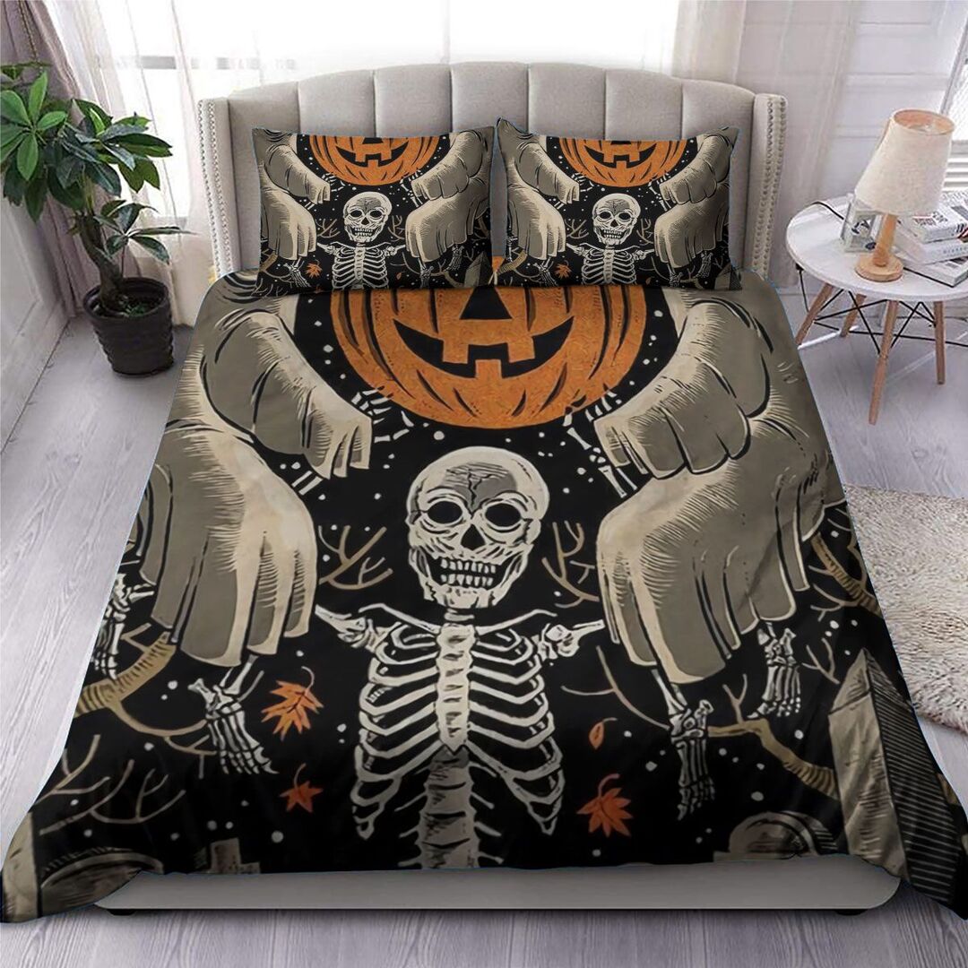 Skeleton Scary Quilt Bedding Set - Funny Pumpkin Bedroom Decor King Queen Twin Comforter Set