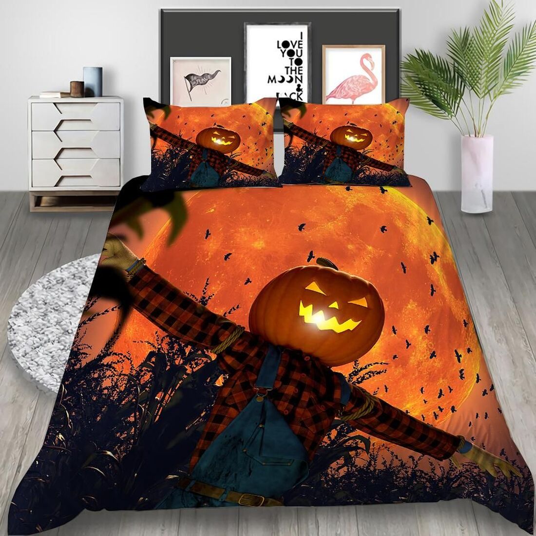 Pumpkin Lantern Scarecrow Quilt Bedding Set - Happy Halloween Quilt Bed Set Comforter Home Room Decoration
