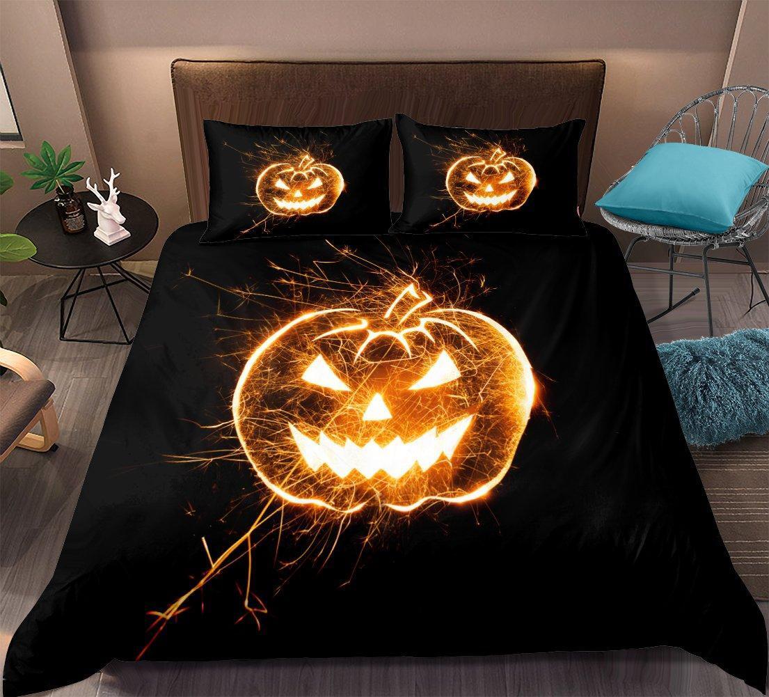 Fire Pumpkin Halloween Quilt Bedding Set - Black Quilt Bed Set Comforter Home Room Decoration