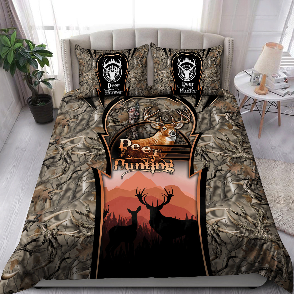 Beautiful Couple Deer Brown quilt Bedding Set - deer hunter camo quilt bed set Comforter Home Room Decoration