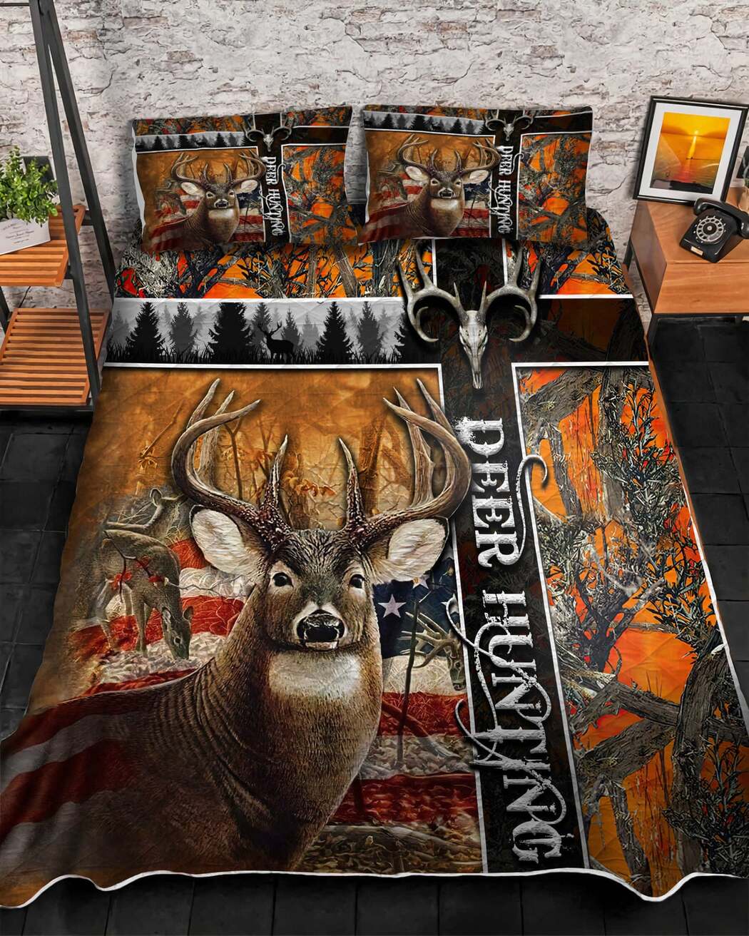Beautiful Skull Deer Hunting Orange Quilt Bedding Set - Deer Hunter Quilt Bedroom Decor With 2 Pillowcases