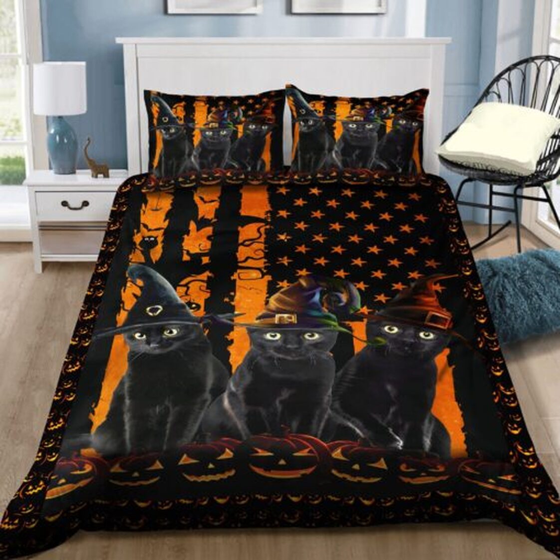 Three Black Cats Halloween Quilt Bedding Set - Flag Black Comforter Set Twin Queen King Size