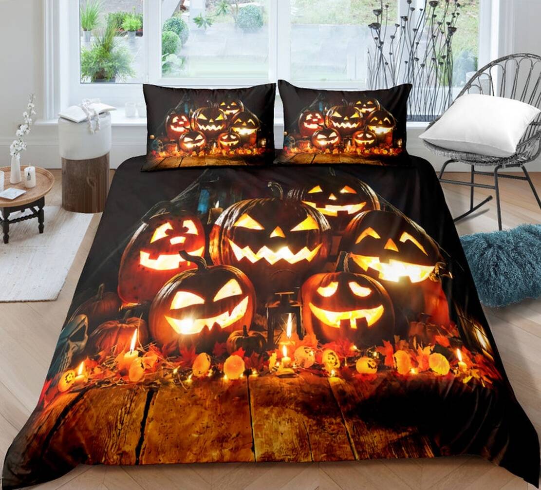 Cute Pumpkin Quilt Bedding Set - Halloween Funny Pattern Quilt Bed Set Comforter Home Room Decoration