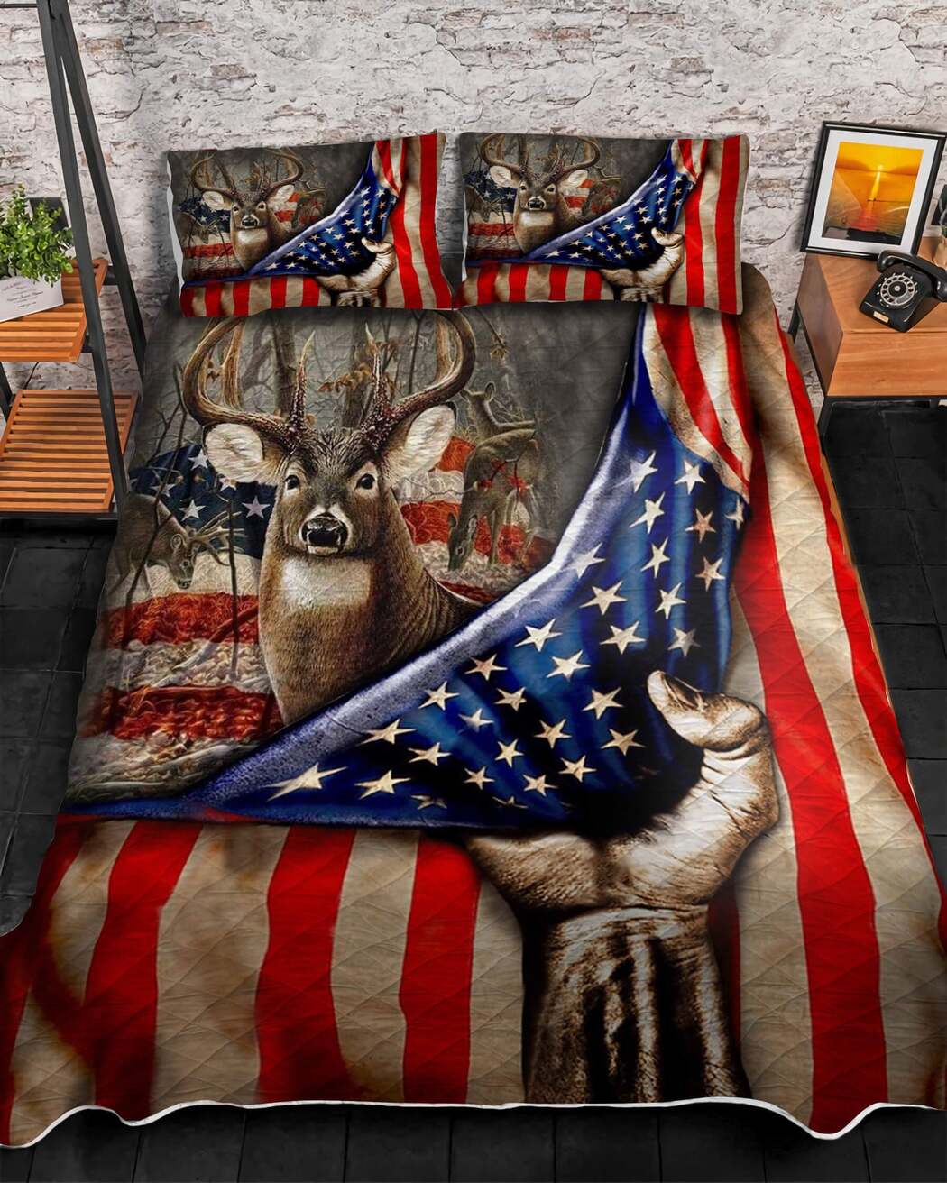 Deer Hunting American Flag quilt Bedding Set - deer hunting camo quilt bed set Comforter Home Room Decoration