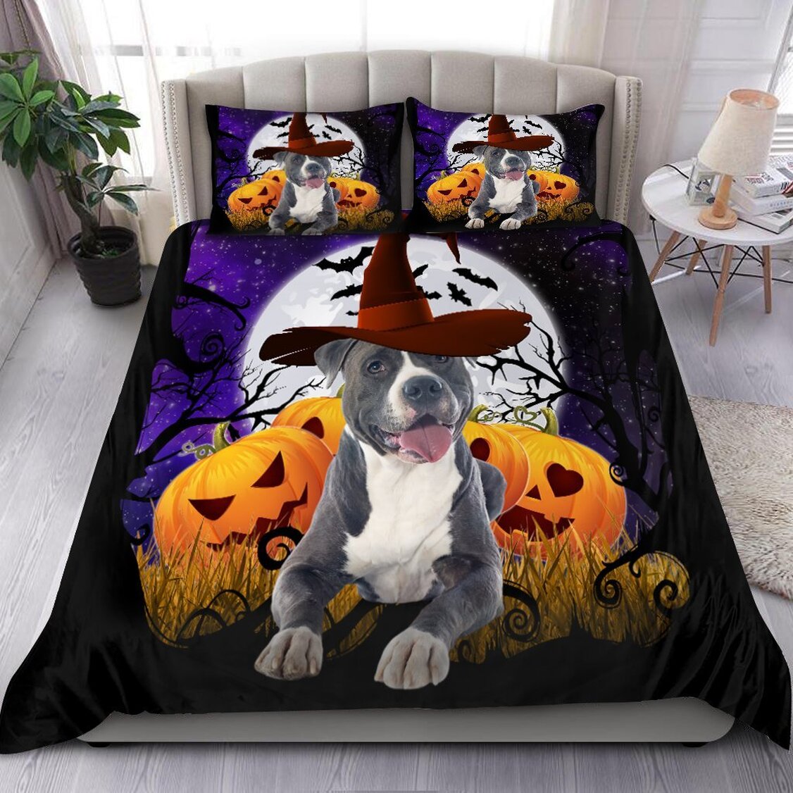 Love Pit Bull Halloween Quilt Bedding Set - Funny Pumpkin Comforter Luxury Quilt Bed Set Queen Size