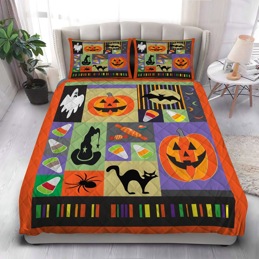 Halloween Pumpkin Witch Quilt Bedding Set - Black Cat Spider Bat Ghos King Queen Twin Throw Size Comfortable
