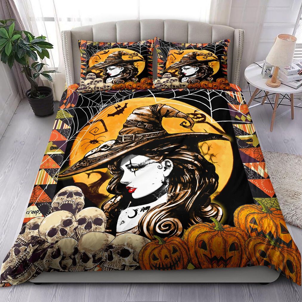 Halloween Witch Quilt Bedding Set - Skull And Pumpkin Quilt Bed Set Rustic Home Decor