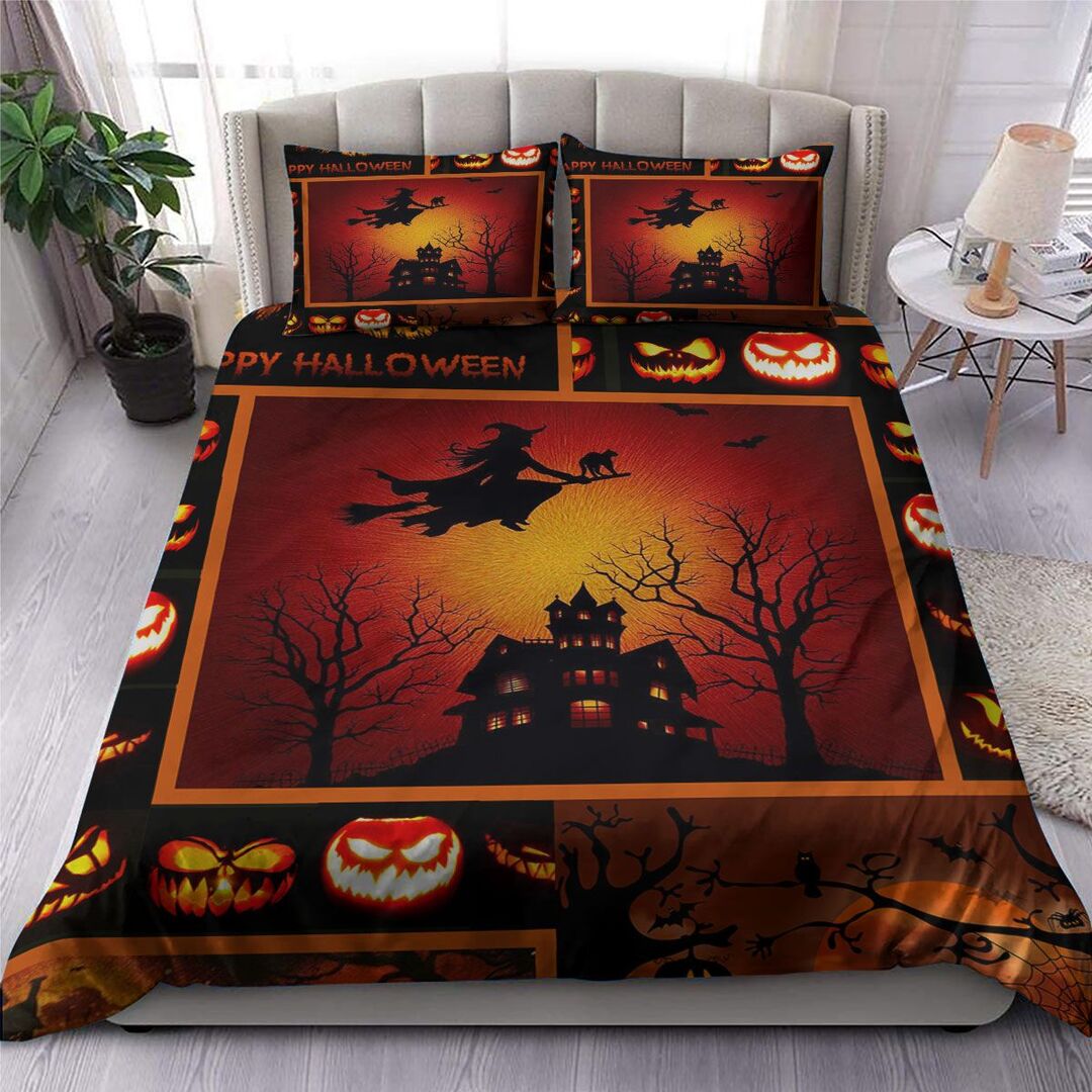 Halloween Pumpkin Witch Quilt Bedding Set - Orange Quilt Bed Set Comforter Home Room Decoration