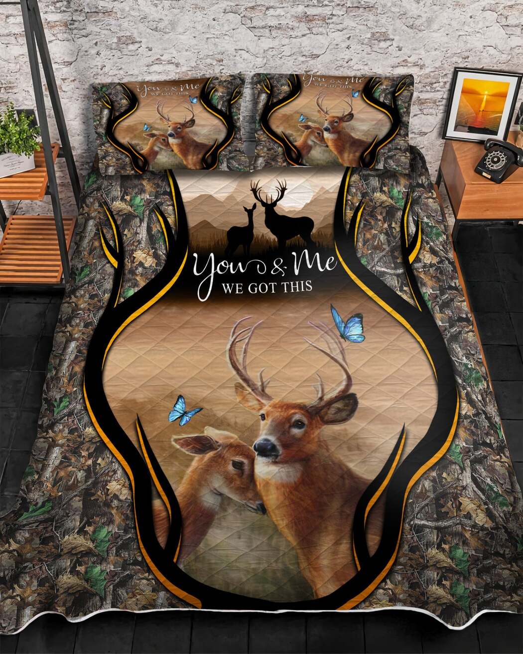 Couple Deer You And Me Brown Quilt Bedding Set - Couple Lover Quilt Bed Set Full Size With 2 Pillowcases
