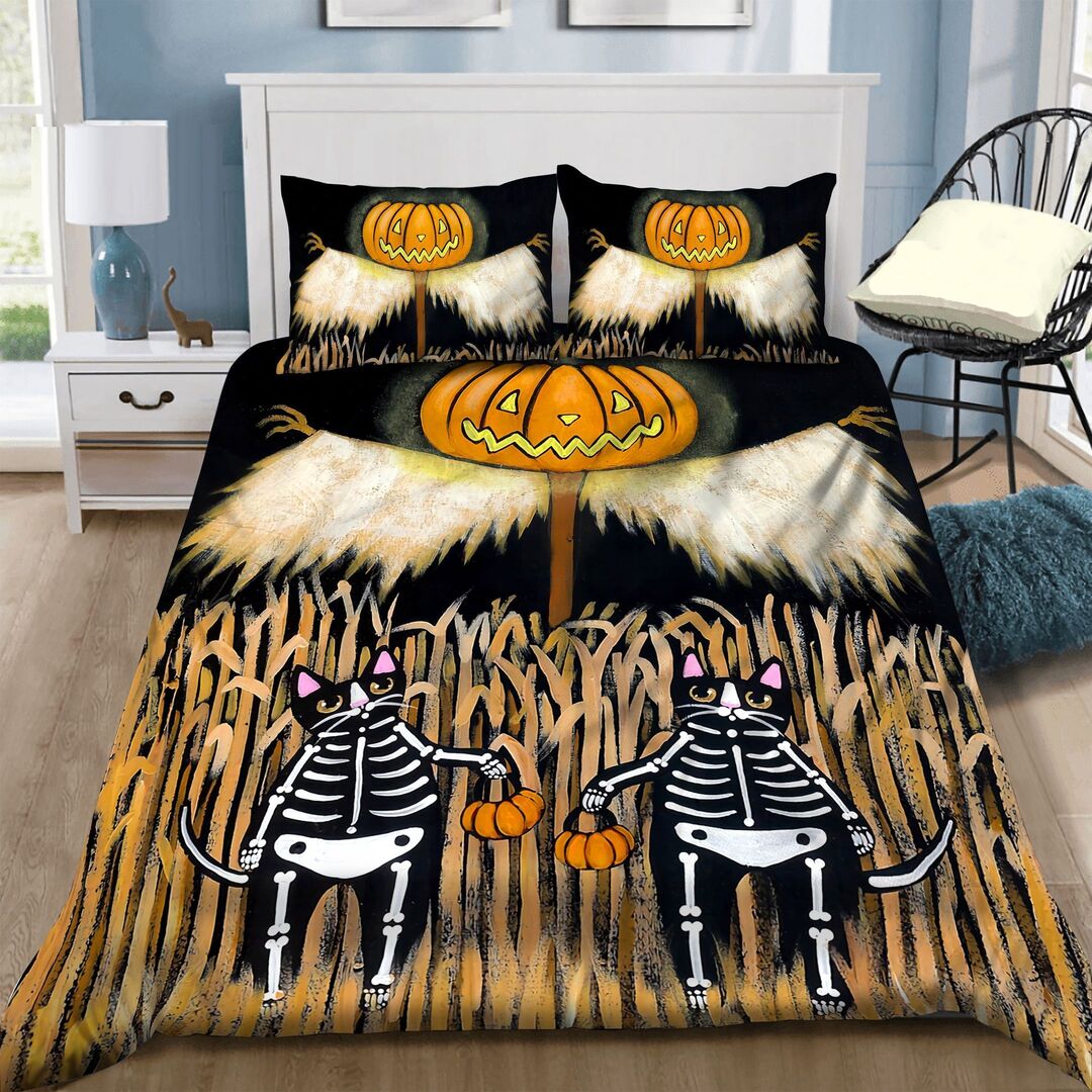 Skeleton Cat Halloween Quilt Bedding Set - Pumpkin Pattern King Queen Twin Throw Size Comfortable