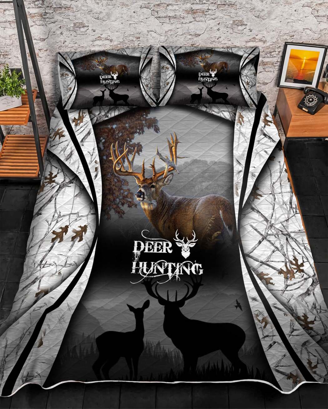 Unique Deer Hunting White Quilt Bedding Set - Deer Camo Quilt Bed Set Comforter Home Room Decoration
