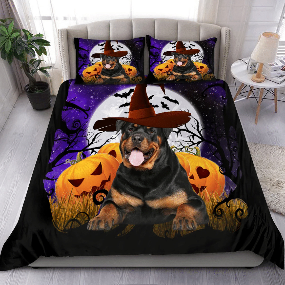 Rottweiler Dog Halloween Quilt Bedding Set - Pumkin And Bat Comforter Set Twin Queen King Size