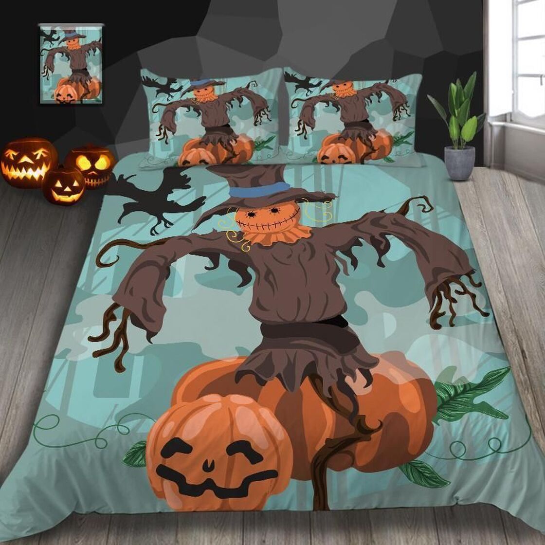 Scarecrow Pumpkin Quilt Bedding Set - Pumpkin Cartoon Blue Quilt Bed Set Comforter Home Room Decoration