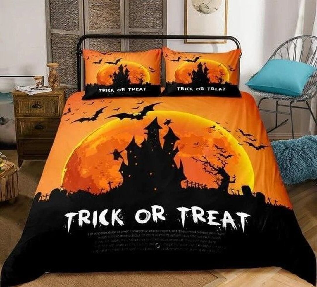 Witch Halloween Black And Orange Quilt Bedding Set - Trick Or Treat Quilt Bed Set Full Size With 2 Pillowcases.