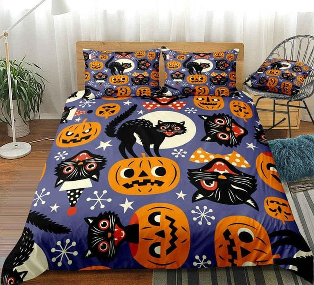 Halloween Black Cats Quilt Bedding Set - Funny Pumpkin Pattern Quilt Bed Set Comforter Home Room Decoration