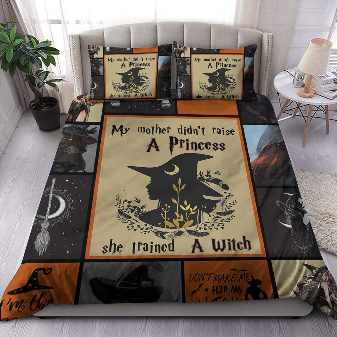 Beautiful Witch Halloween Orange Quilt Bedding Set - Witch Hat Pattern Quilt Bed Set Full Size With 2 Pillowcases.