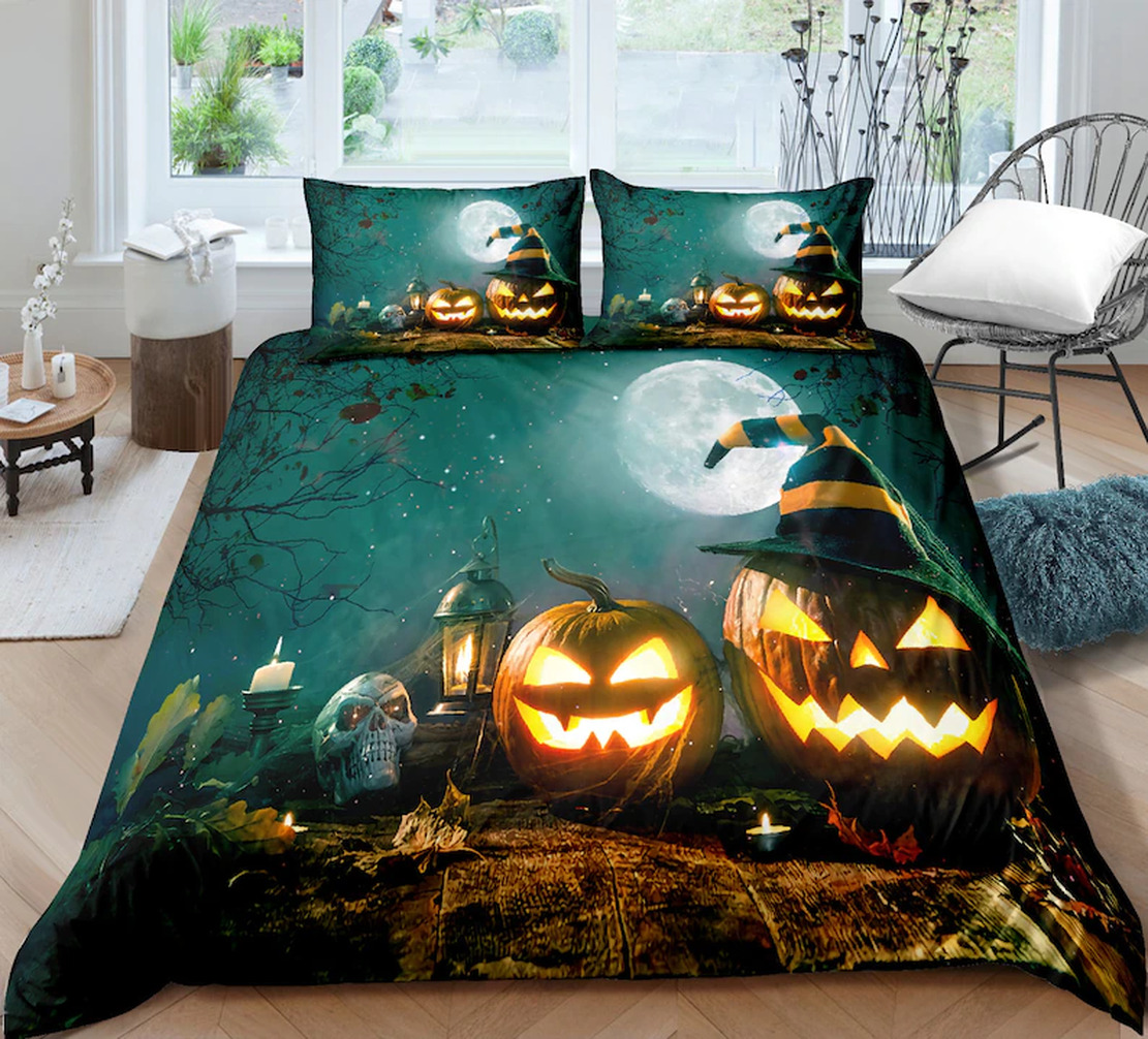 Cute Pumpkin Halloween Quilt Bedding Set - Moon Night Blue Quilt Bed Set Full Size With 2 Pillowcases.