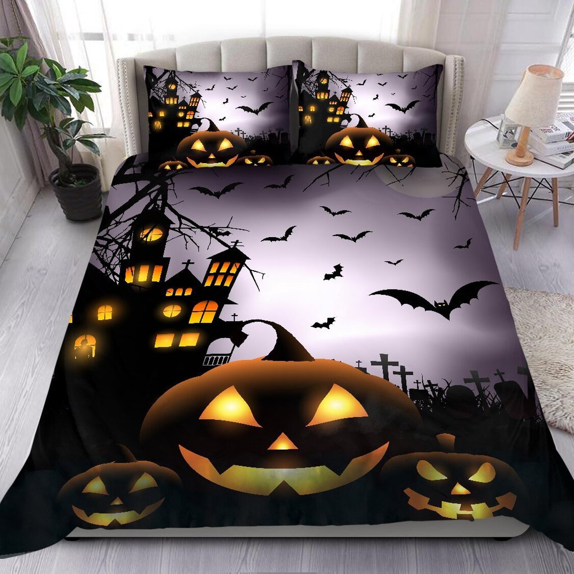 The Bat Night Halloween Quilt Bedding Set - Castle And Bat 3D Printed Quilt Bed Set Comforter