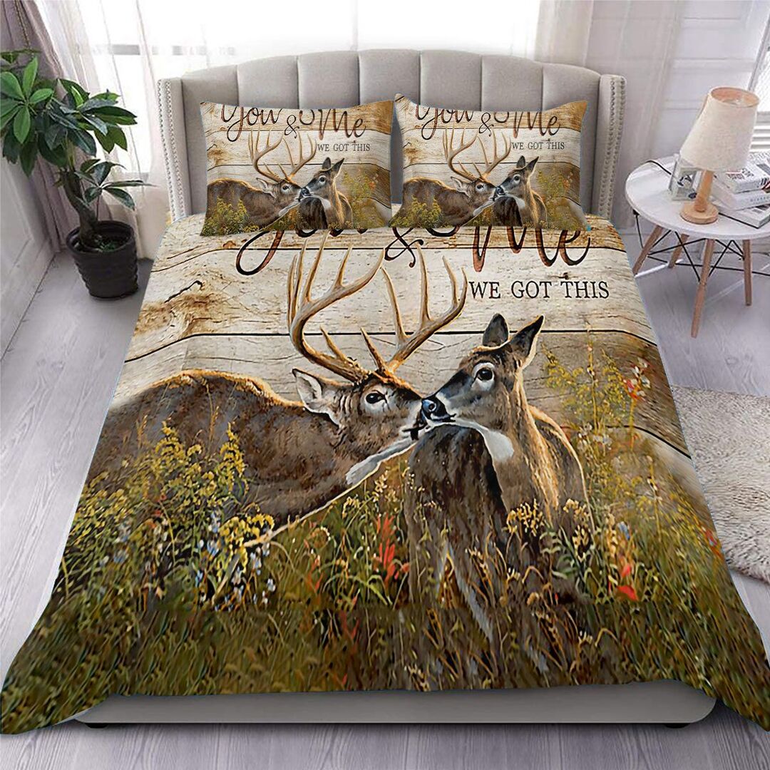 Couple Deer Hunting You And Me Quilt Bedding Set - Deer We Got This Quilt Bed Set Full Size With 2 Pillowcases